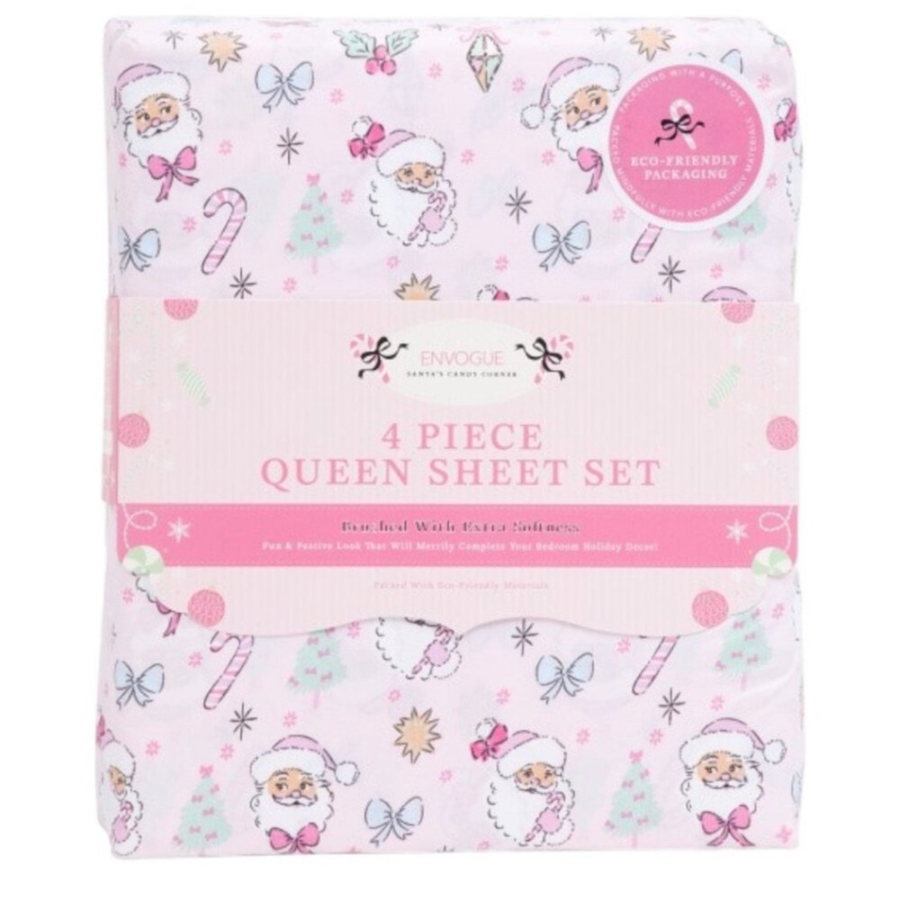 Envogue Pink Coquette Santa & Bows Holiday Queen Sheet Set